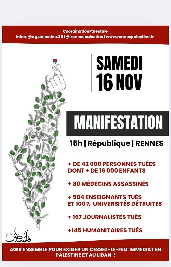 Solidaires avec la Palestine et le Liban : Non à la barbarie, samedi 16 nov à 15h place de la République